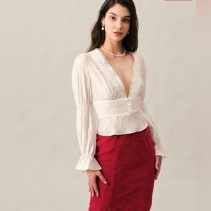 NWT RIHOAS V Neck Ruffle Lace Trim Blouse Sz L
